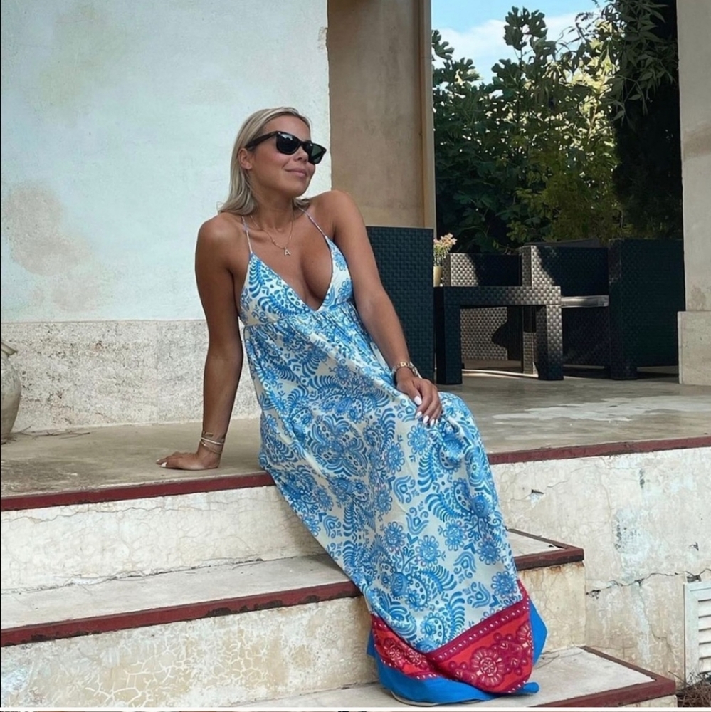 Zara * Linen Blend Printed Maxi Midi Dress Blue Boho Flowy - Picture 2 of 6